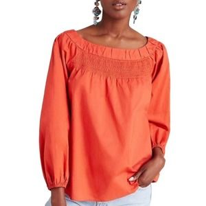Maeve by Anthropologie Jessie Smocked Peasant Blouse 100% Cotton Orange XS
